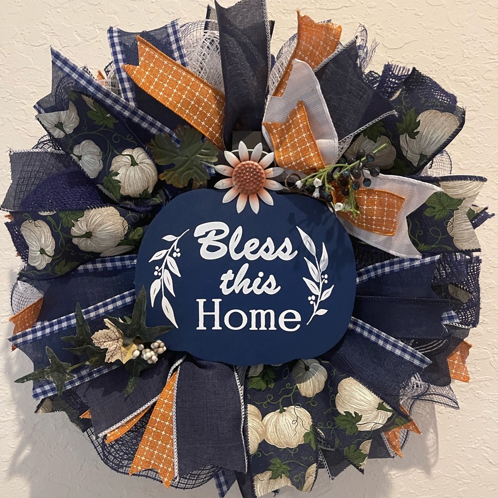 “BLESS THIS HOME” fall wreath, Autumn Wreath, blue pumpkin wreath, Fall decor